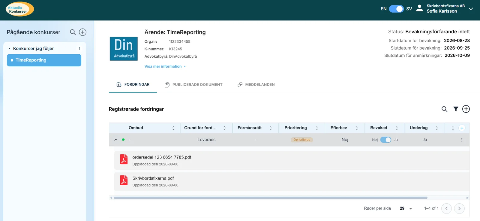 Registrerade fordringar och publicerade dokument i Aktuella-Konkurser.se